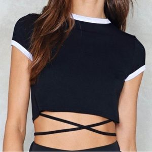 Black Criss Cross tie crop top Tee White Trim 2 Small